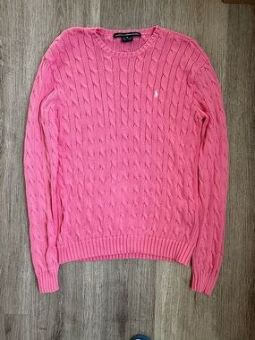 Ralph Lauren Sport Pink Cable Knit Sweater Cotton Crewneck Pony Logo Size M